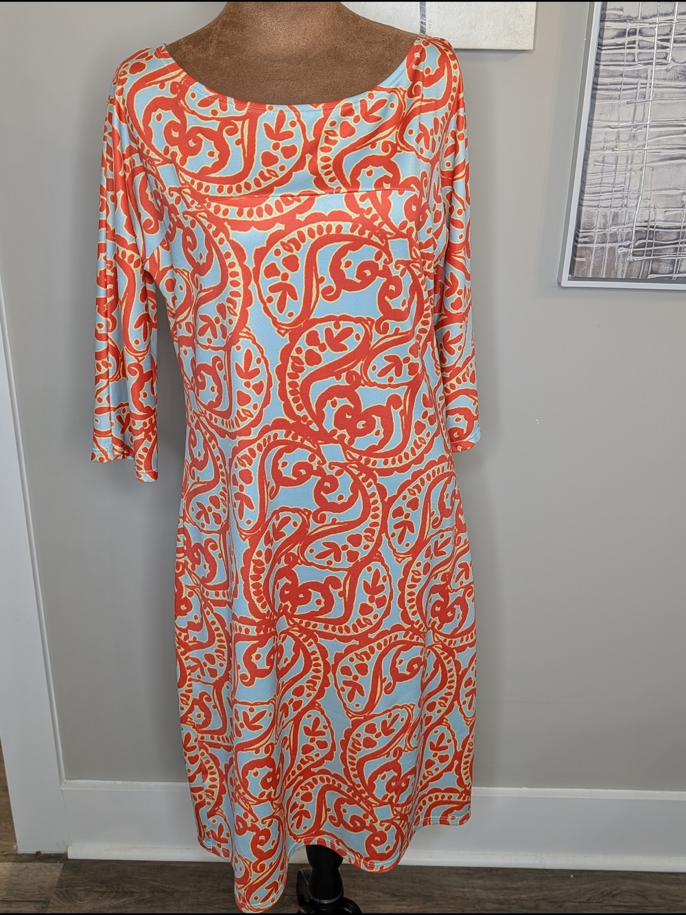 Bright Orange Paisley Midi Dress with Scoop Neck